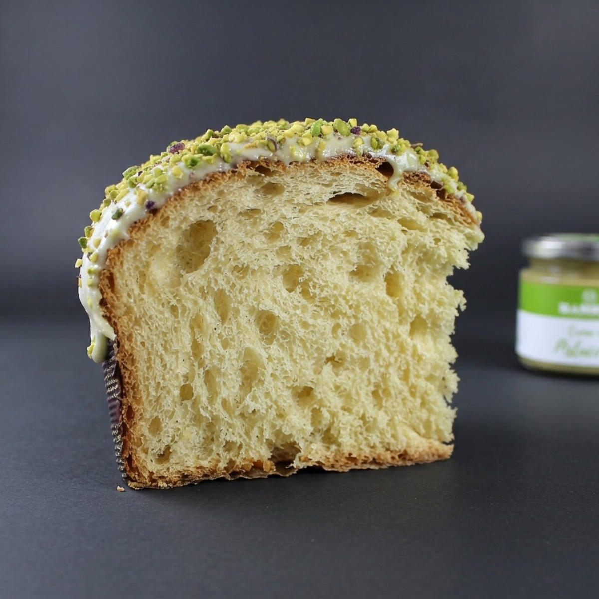 Panettone artigianale al Pistacchio 750 g con vasetto di crema al Pistacchio 190 g
